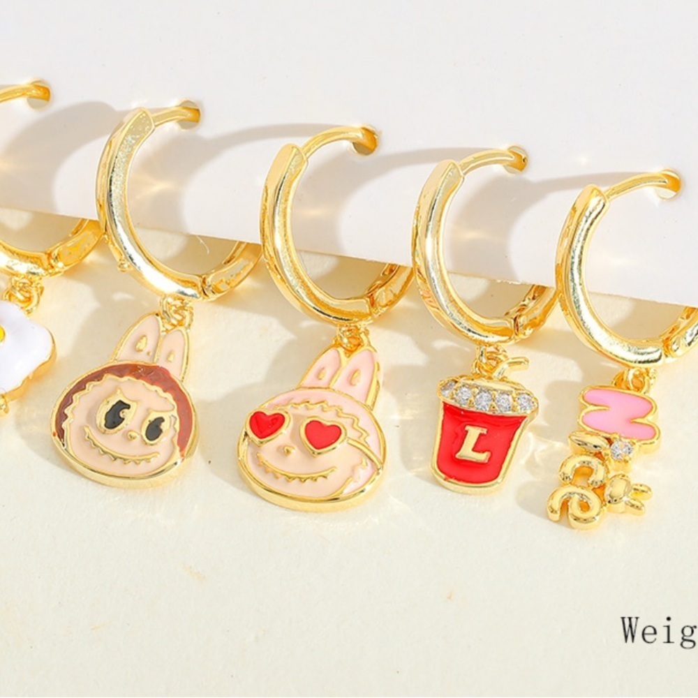 Labubu 14K Gold Plated Pop Mart Inspired Theme Earrings Huggie Hoop Dangle Set - Picture 2 of 5